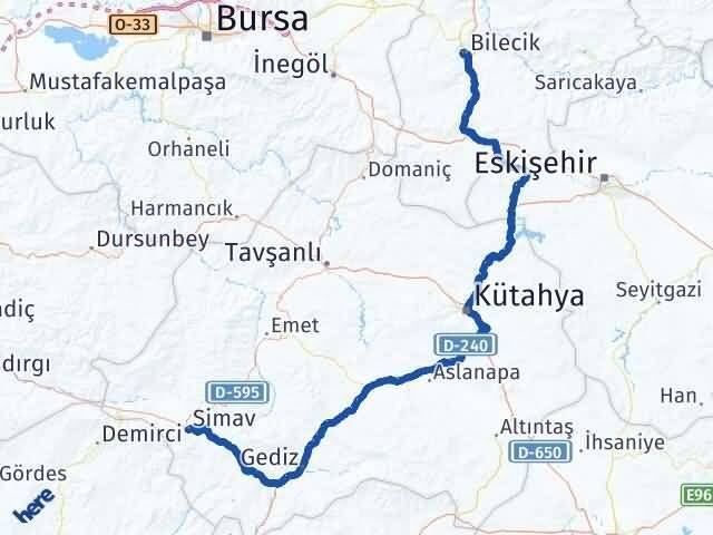 Bilecik Simav Kütahya Arası Kaç Km - Yol Haritası