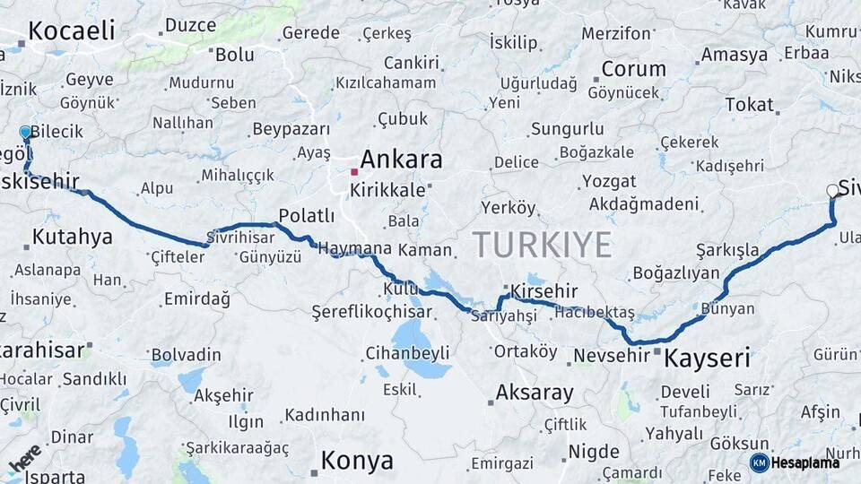 Bilecik Sivas Arası Kaç Km - Yol Haritası