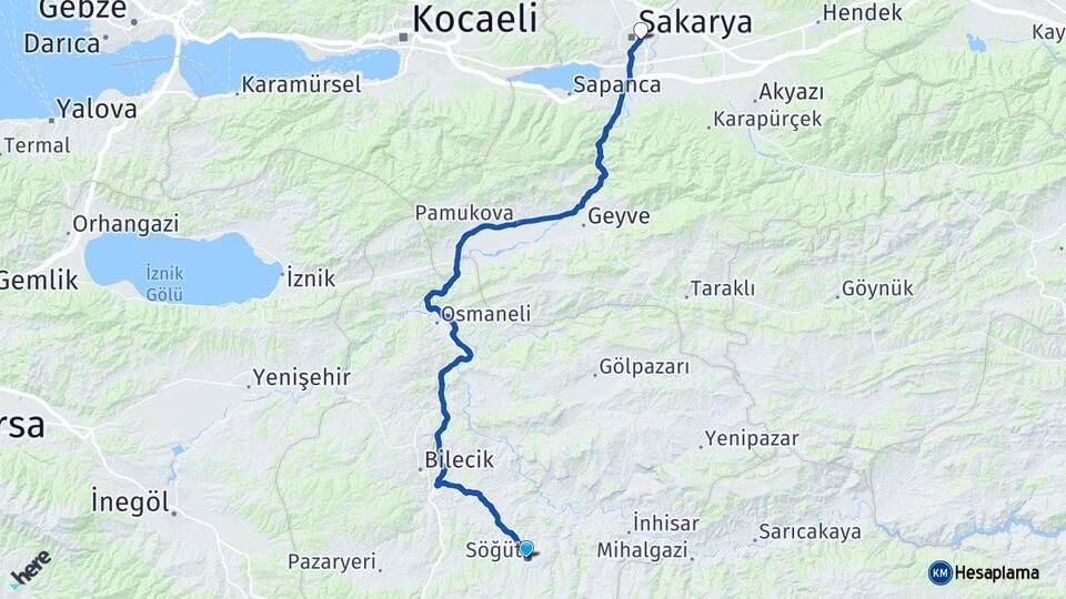 Bilecik Söğüt Adapazarı Sakarya Arası Kaç Km - Yol Haritası