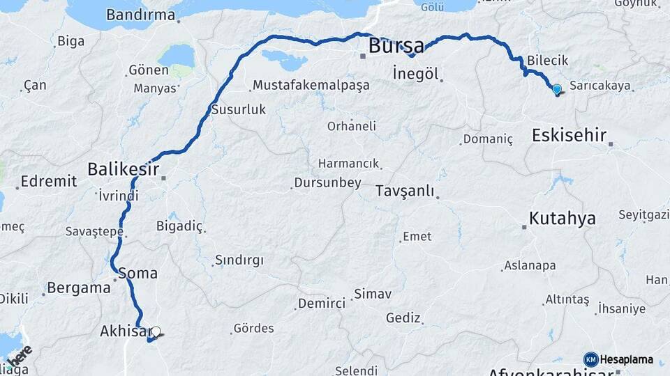 Bilecik Söğüt Akhisar Manisa Arası Kaç Km - Yol Haritası