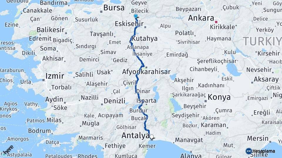Bilecik Söğüt Antalya Arası Kaç Km - Yol Haritası