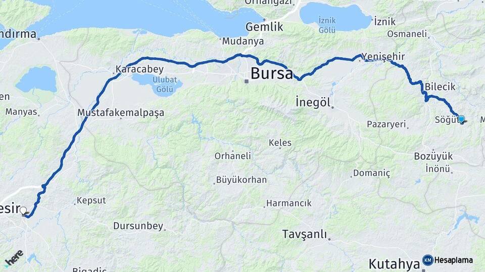 Bilecik Söğüt Balıkesir Arası Kaç Km - Yol Haritası