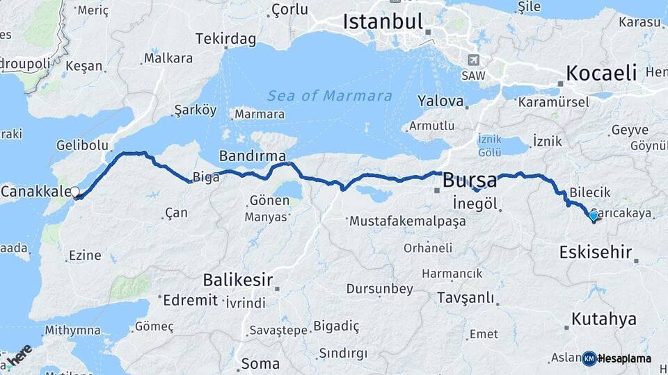 Bilecik Söğüt Çanakkale Arası Kaç Km - Yol Haritası