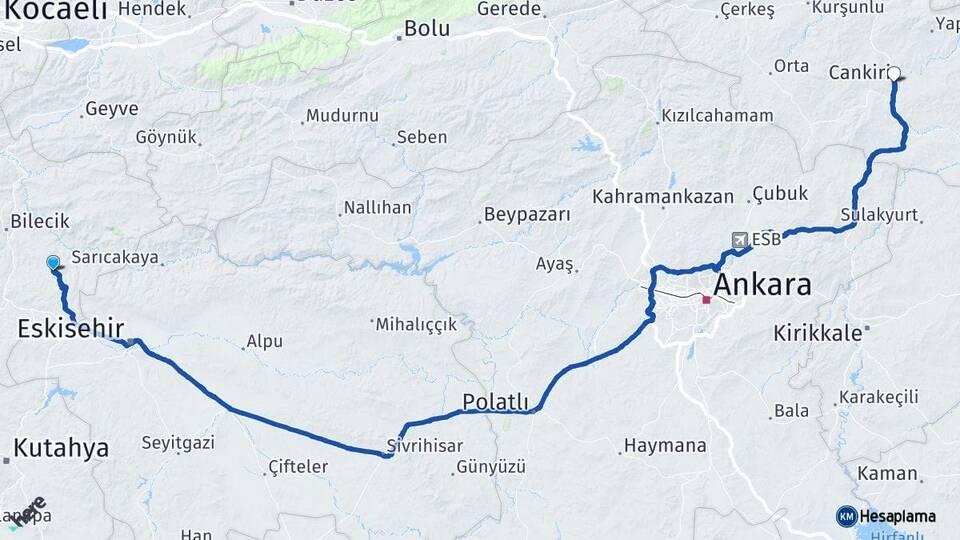 Bilecik Söğüt Çankırı Arası Kaç Km - Yol Haritası