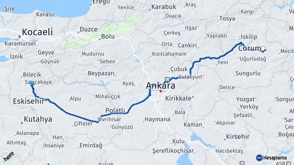 Bilecik Söğüt Çorum Arası Kaç Km - Yol Haritası