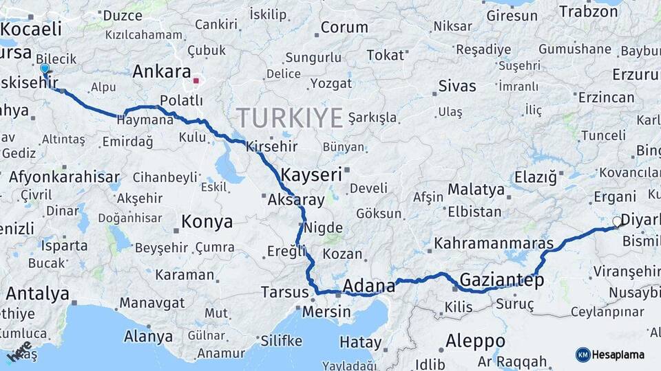 Bilecik Söğüt Diyarbakır Arası Kaç Km - Yol Haritası
