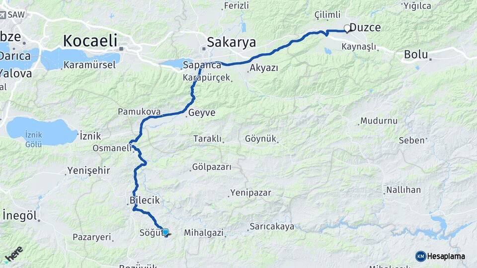 Bilecik Söğüt Düzce Arası Kaç Km - Yol Haritası
