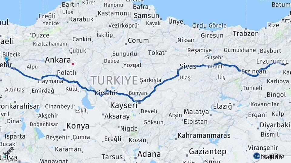 Bilecik Söğüt Erzurum Arası Kaç Km - Yol Haritası
