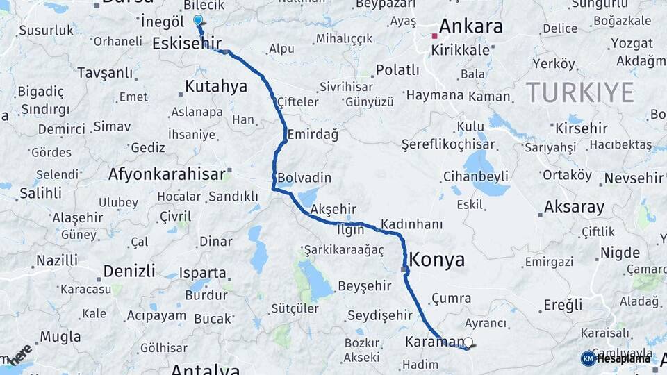Bilecik Söğüt Karaman Arası Kaç Km - Yol Haritası