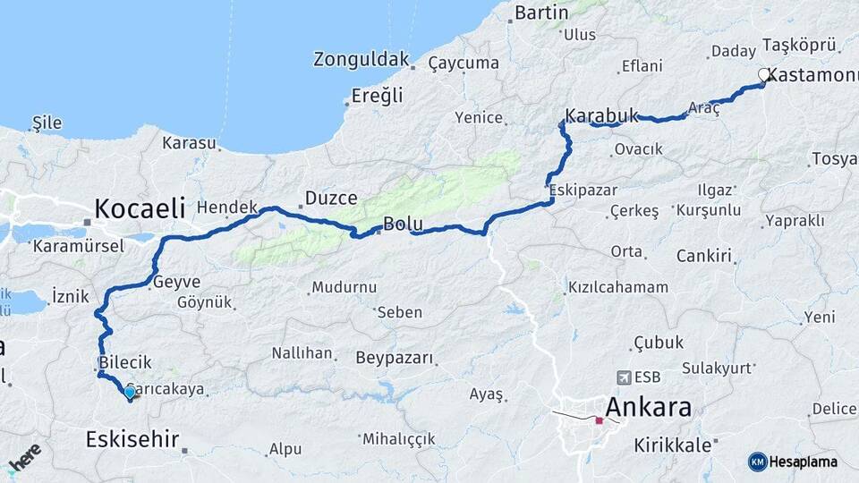 Bilecik Söğüt Kastamonu Arası Kaç Km - Yol Haritası