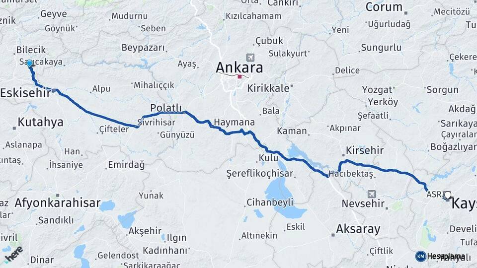 Bilecik Söğüt Kayseri Arası Kaç Km - Yol Haritası