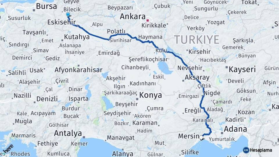 Bilecik Söğüt Mersin Arası Kaç Km - Yol Haritası