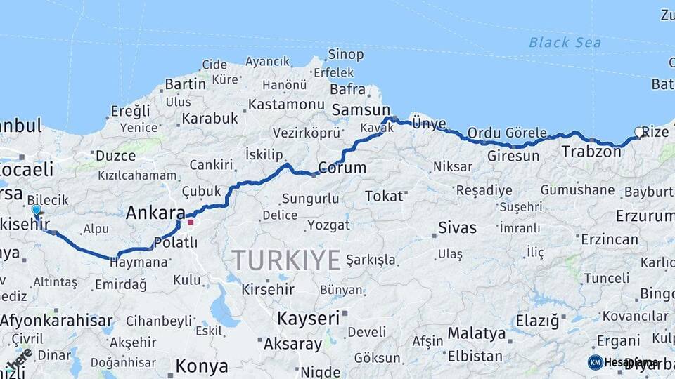 Bilecik Söğüt Rize Arası Kaç Km - Yol Haritası