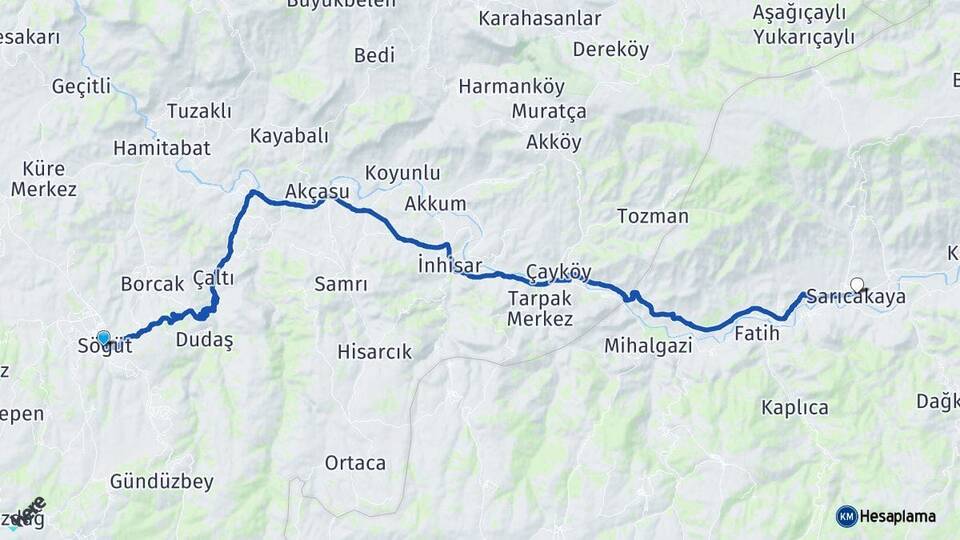 Bilecik Söğüt Sarıcakaya Eskişehir Arası Kaç Km - Yol Haritası