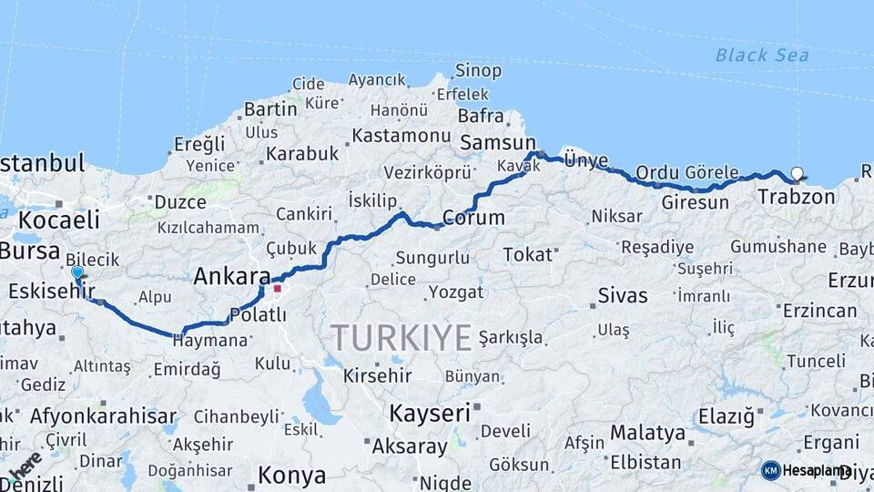 Bilecik Söğüt Trabzon Arası Kaç Km - Yol Haritası