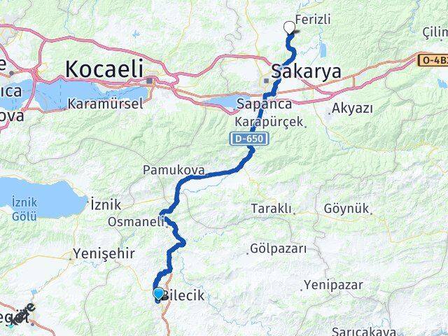 Bilecik Söğütlü Sakarya Arası Kaç Km - Yol Haritası