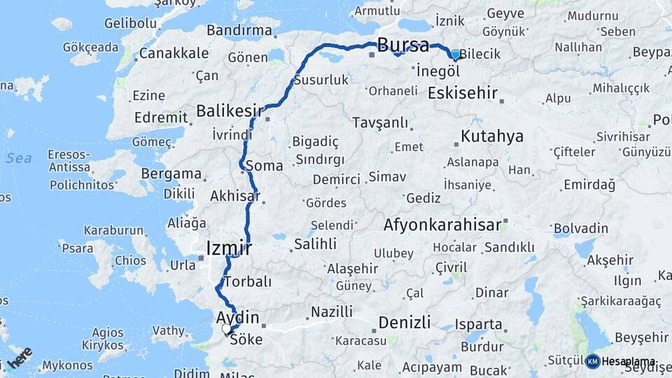 Bilecik Söke Aydın Arası Kaç Km - Yol Haritası