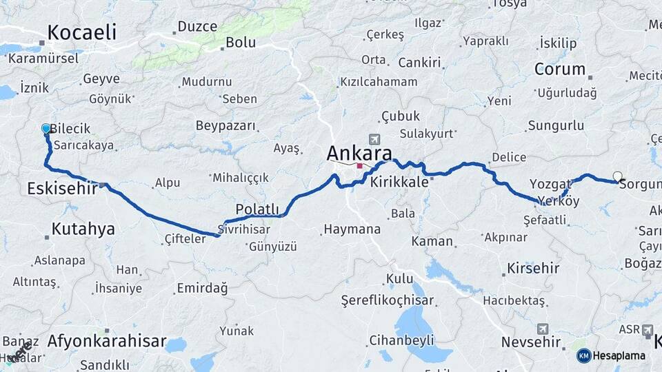 Bilecik Sorgun Yozgat Arası Kaç Km - Yol Haritası