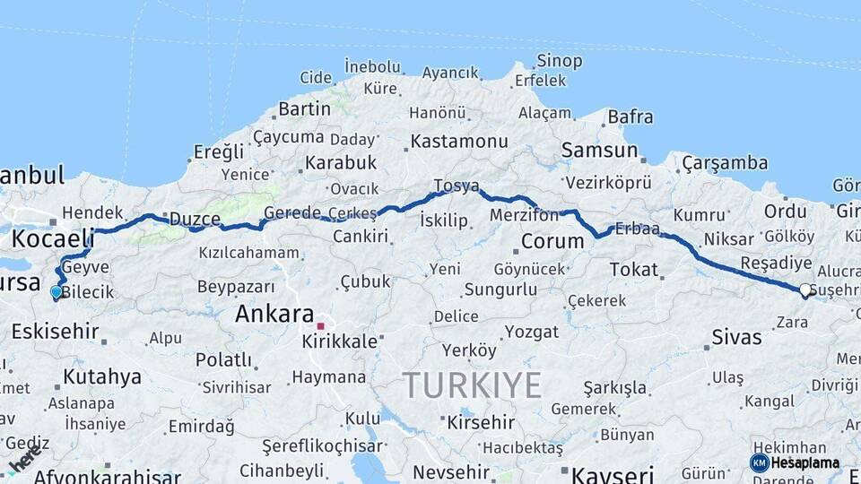 Bilecik Suşehri Sivas Arası Kaç Km - Yol Haritası