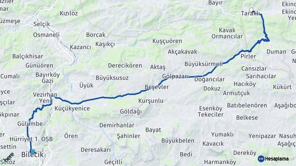 Bilecik Taraklı Sakarya Arası Kaç Km - Yol Haritası