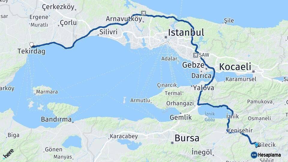 Bilecik Tekirdağ Arası Kaç Km - Yol Haritası