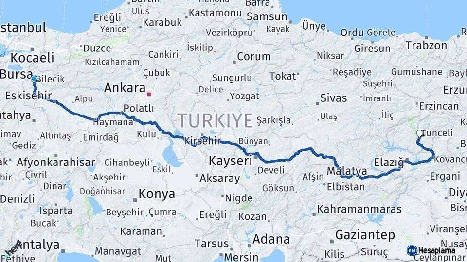 Bilecik Tunceli Arası Kaç Km - Yol Haritası