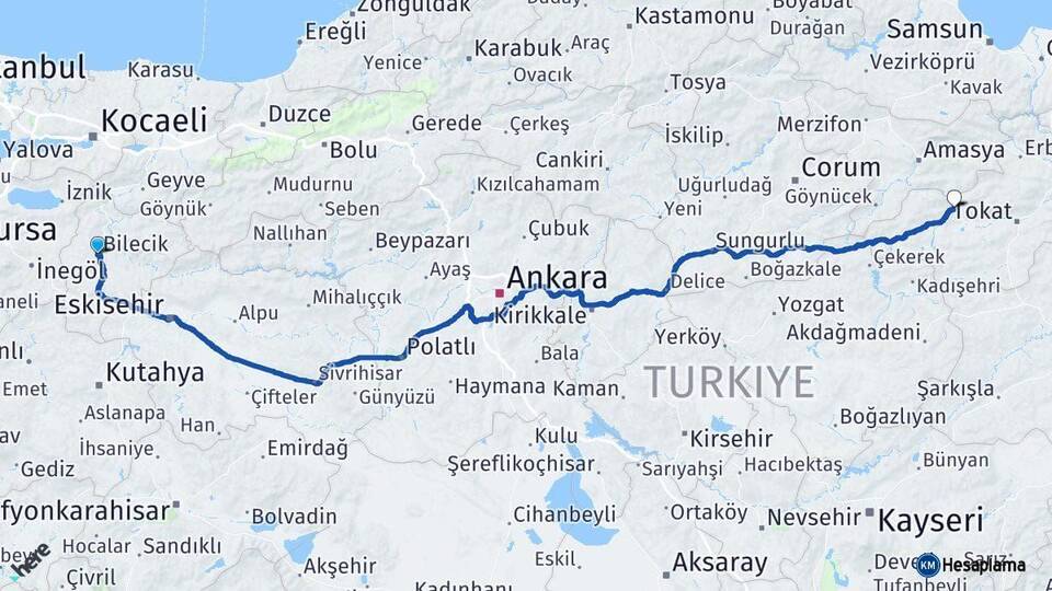 Bilecik Turhal Tokat Arası Kaç Km - Yol Haritası