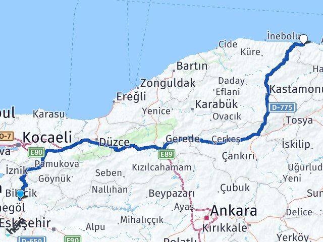 Bilecik Türkeli Sinop Arası Kaç Km - Yol Haritası