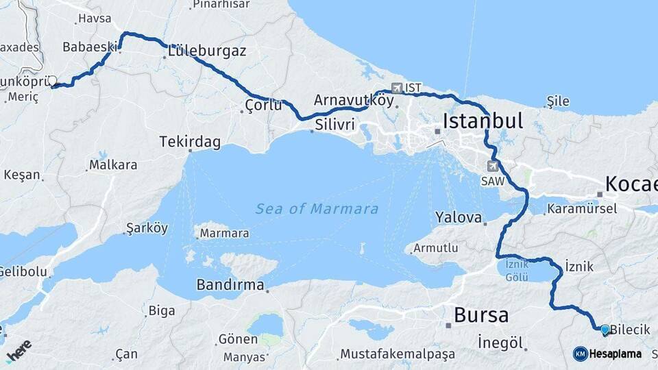 Bilecik Uzunköprü Edirne Arası Kaç Km - Yol Haritası