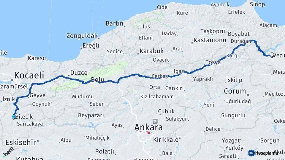 Bilecik Vezirköprü Samsun Arası Kaç Km - Yol Haritası