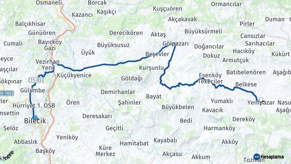 Bilecik Yenipazar Arası Kaç Km - Yol Haritası