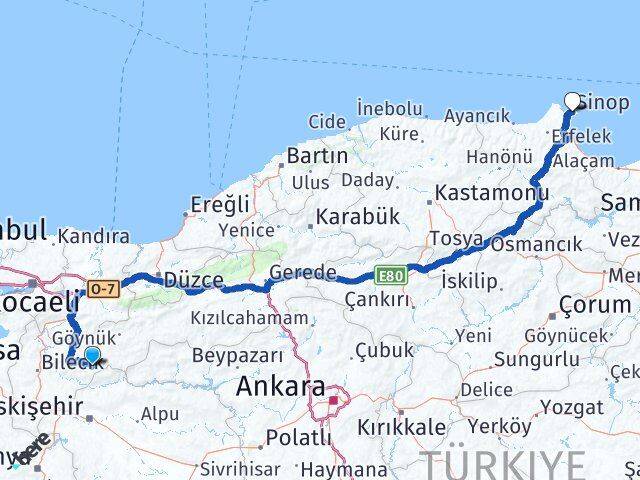 Bilecik Yenipazar Sinop Arası Kaç Km - Yol Haritası