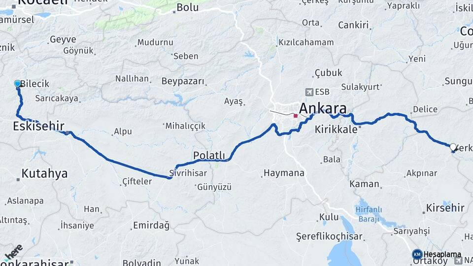 Bilecik Yerköy Yozgat Arası Kaç Km - Yol Haritası