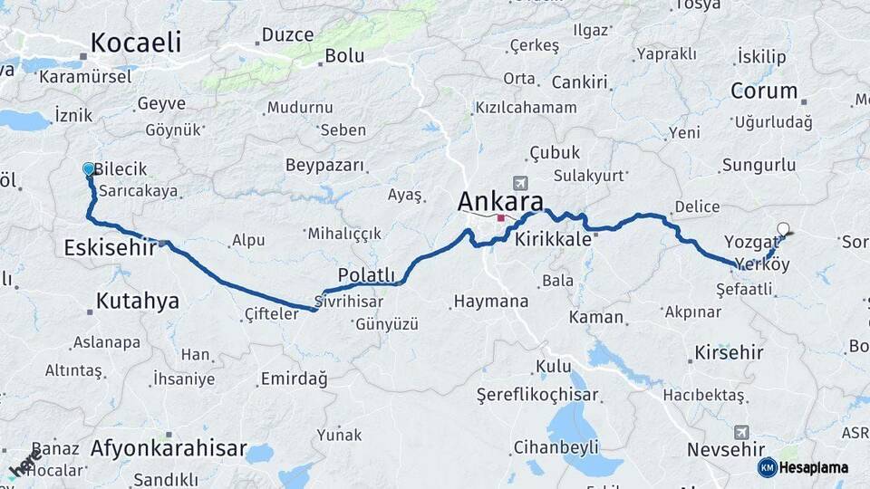 Bilecik Yozgat Arası Kaç Km - Yol Haritası