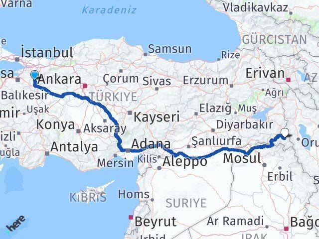 Bilecik Yüksekova Hakkari Arası Kaç Km - Yol Haritası