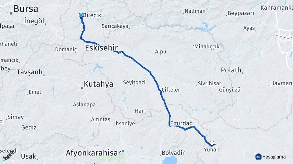 Bilecik Yunak Konya Arası Kaç Km - Yol Haritası