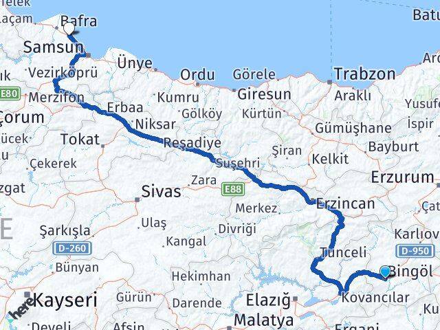 Bingöl 19 Mayıs Samsun Arası Kaç Km - Yol Haritası