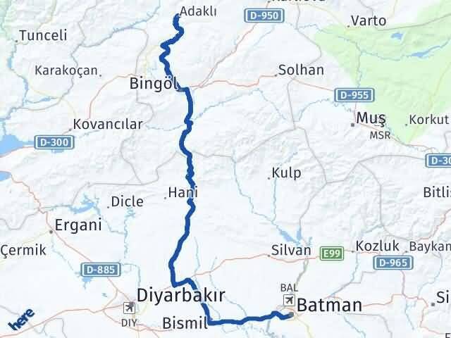 Bingöl Adaklı Batman Arası Kaç Km - Yol Haritası