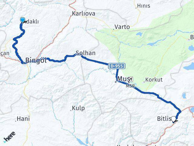 Bingöl Adaklı Bitlis Arası Kaç Km - Yol Haritası