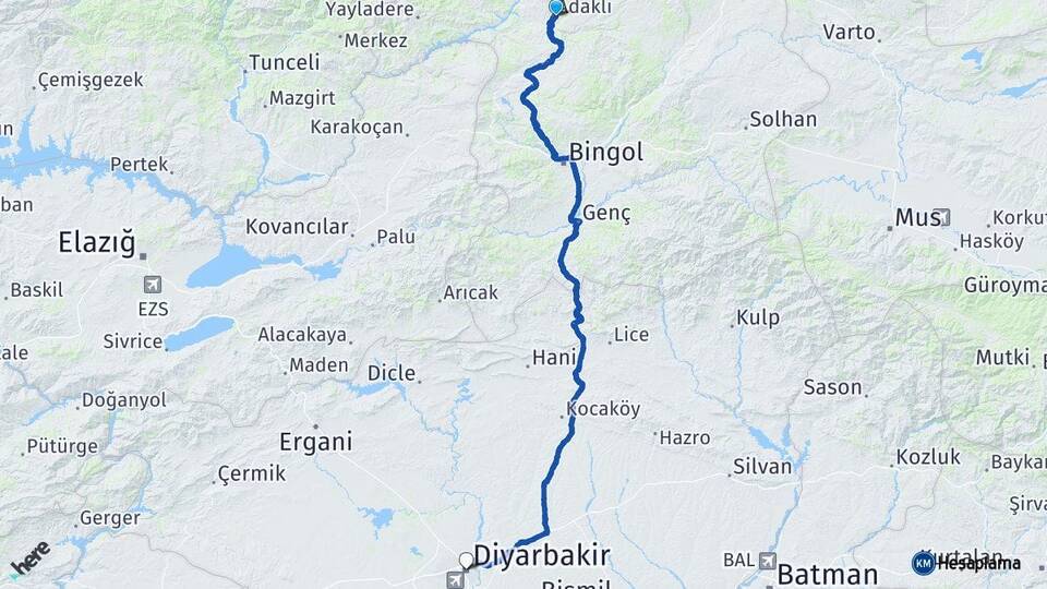 Bingöl Adaklı Diyarbakır Arası Kaç Km - Yol Haritası