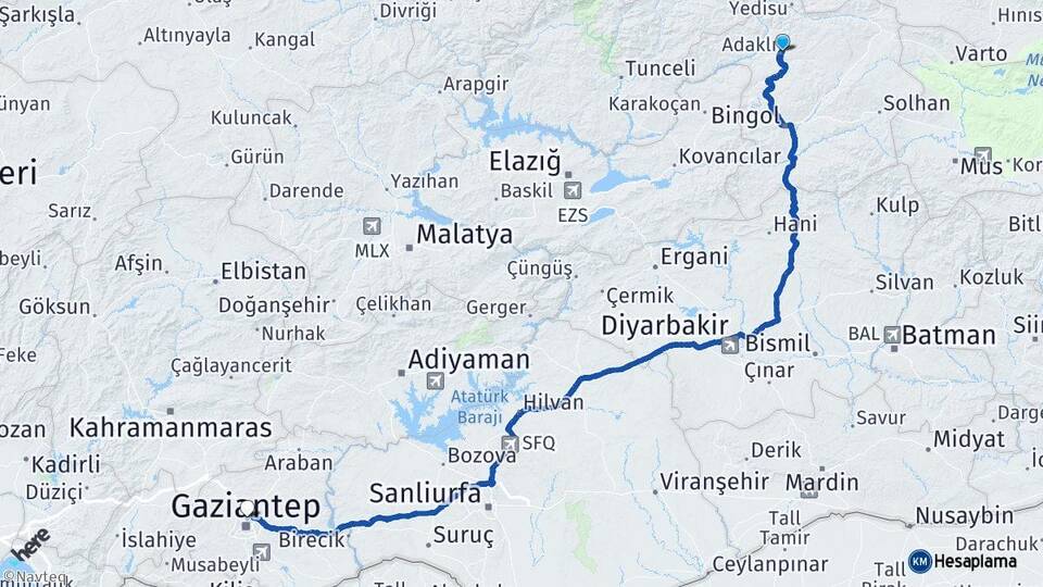 Bingöl Adaklı Gaziantep Arası Kaç Km - Yol Haritası