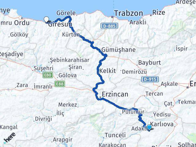 Adaklı Giresun Arası Kaç Km - Yol Tarifi