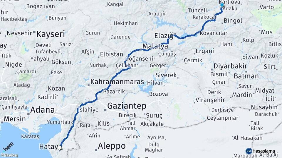 Bingöl Adaklı Hatay Arası Kaç Km - Yol Haritası