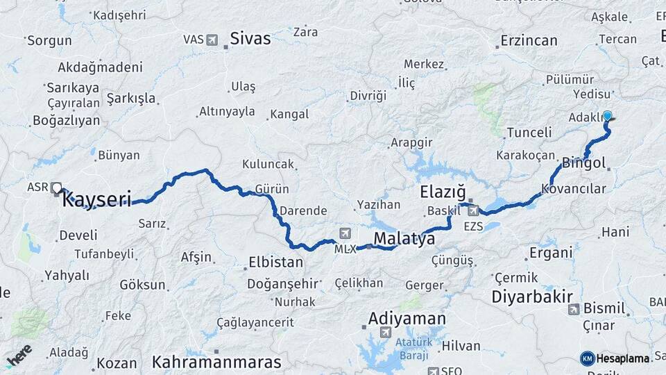 Bingöl Adaklı Kayseri Arası Kaç Km - Yol Haritası