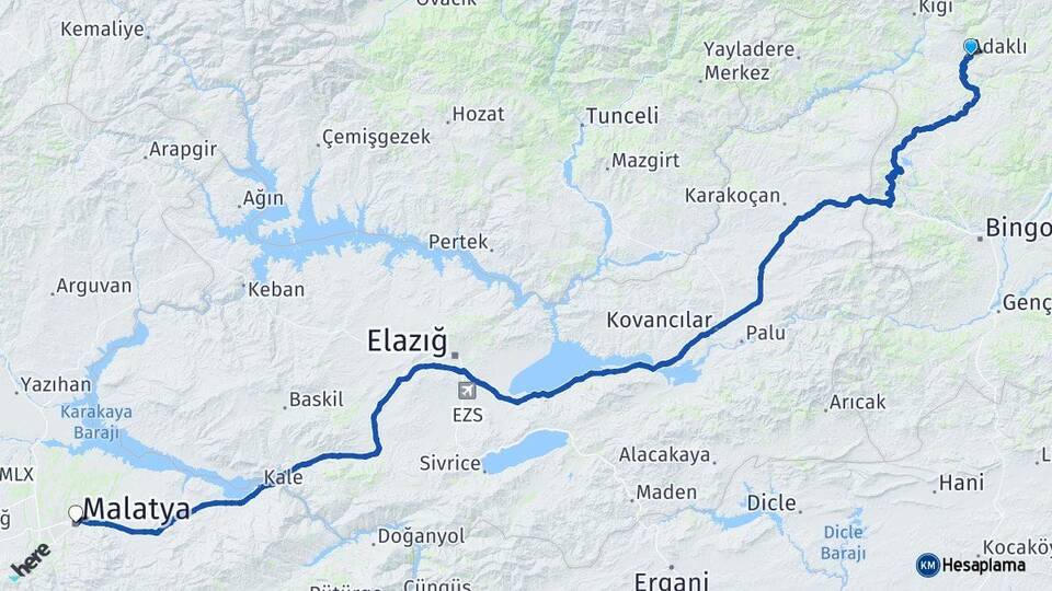 Bingöl Adaklı Malatya Arası Kaç Km - Yol Haritası
