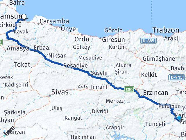 Bingöl Adaklı Samsun Arası Kaç Km - Yol Haritası