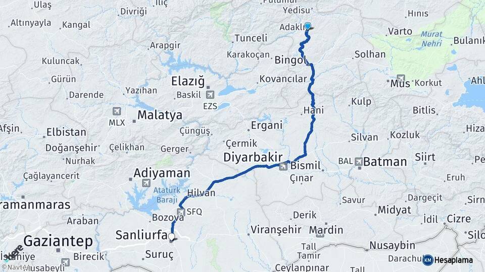 Bingöl Adaklı Şanlıurfa Arası Kaç Km - Yol Haritası