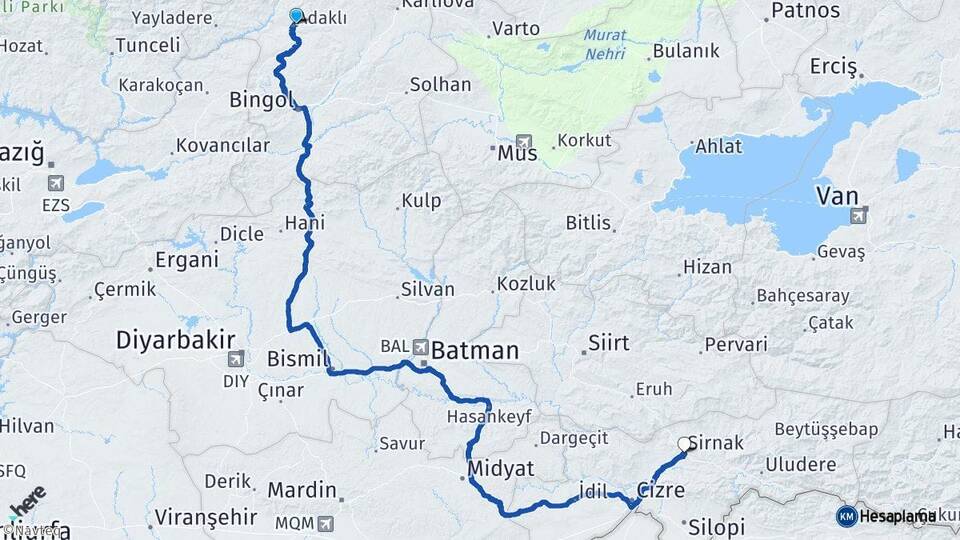 Bingöl Adaklı Şırnak Arası Kaç Km - Yol Haritası