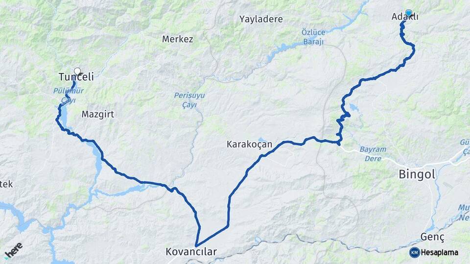Bingöl Adaklı Tunceli Arası Kaç Km - Yol Haritası