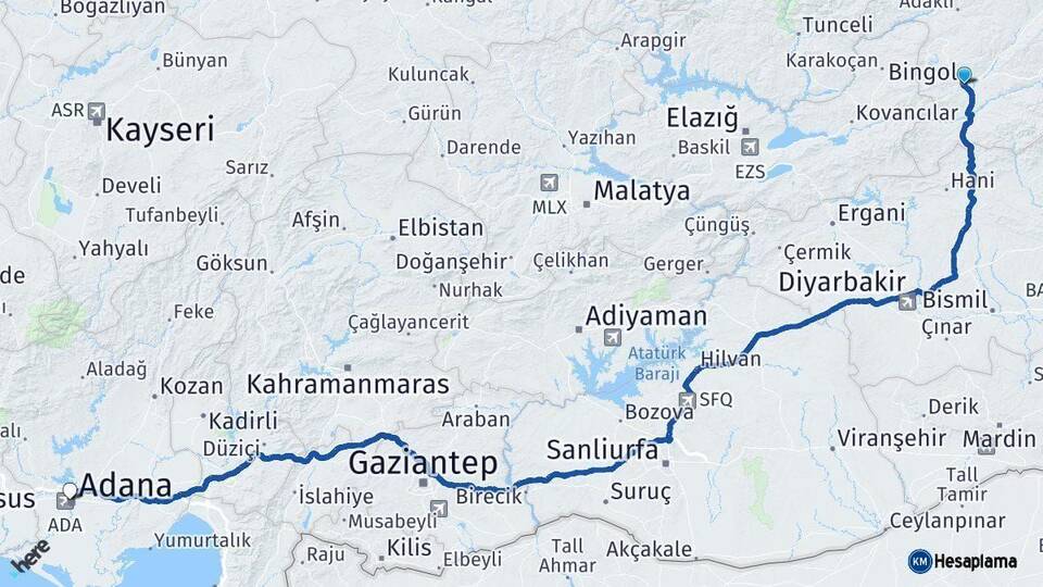 Bingöl Adana Arası Kaç Km - Yol Haritası
